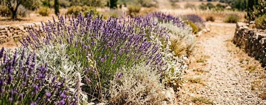 Aiuola di lavanda e piante mediterranee resistenti al caldo e alla siccità sotto il sole estivo