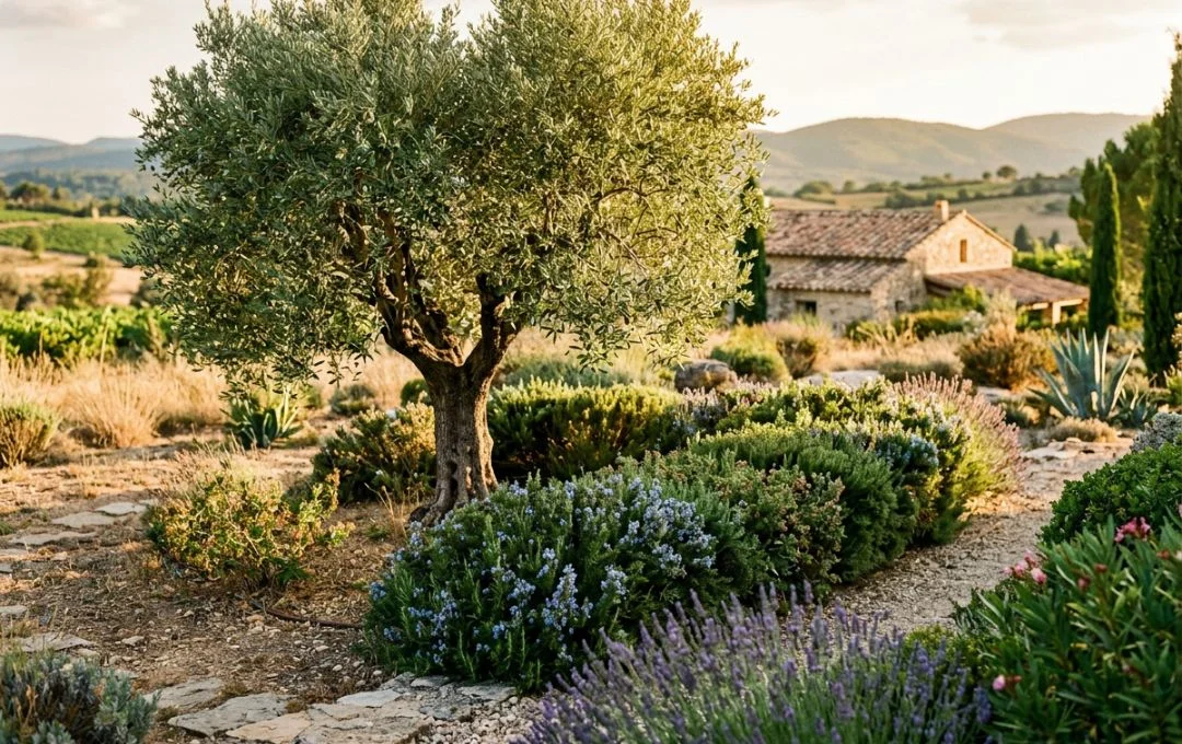 Olivo e arbusti da siepe resistenti alla siccità in giardino mediterraneo