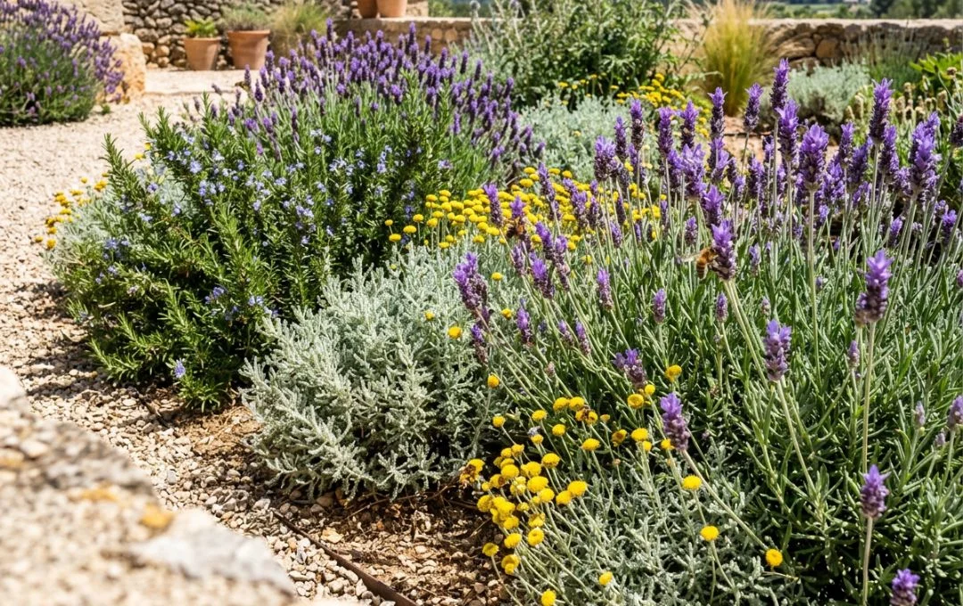 Lavanda, rosmarino e santolina in aiuola soleggiata resistente alla siccità